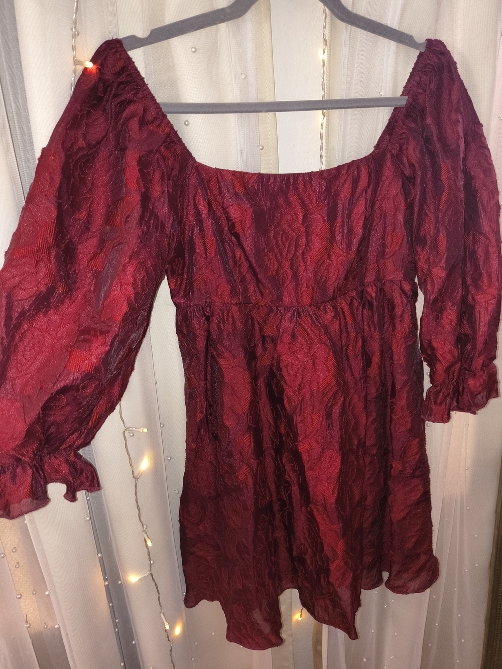 Romantic Burgundy Textured Babydoll Mini Dress Size Large